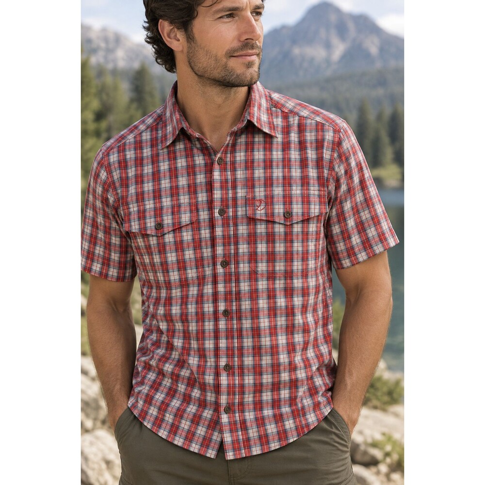 Fjallraven Abisko Cool SS Shirt Mens M Red Plaid Quick Dry Hiking Outdoors Gorp